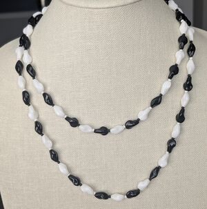 Vintage Black & White Milk Glass Beaded Necklace | Mid Century Long Strand